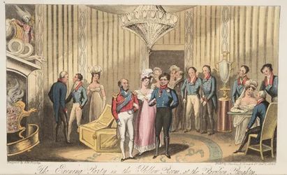 Wieczorne przyjęcie w pawilonie, Brighton, z The English Spy, wyd. 1824 (grawerowanie ręcznie kolorowane)