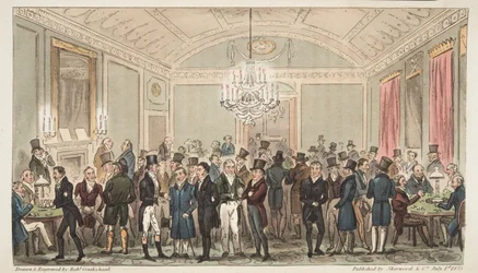 The Great Subscription Room w Brookes, z The English Spy, wyd. 1824 (grawerowanie ręcznie kolorowane)