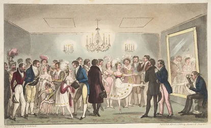 The Green Room of the Kings Theatre, czyli Szlachetni Amatorzy oglądający zagraniczne ciekawostki, z The English Spy, wyd. 1824 (grawerowanie ręcznie kolorowane)