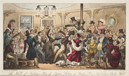 The Hall of Infamy, alias Oyster Saloon na Brydges-Street lub New Covent Garden Hell, z The English Spy, wyd. 1824 (grawerowanie ręcznie kolorowane)