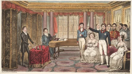 The King at Home, czyli Mathews at Carlton House, z książki The English Spy, Charles Westmacott, opublikowanej w 1824 r. (ręcznie kolorowane grawerowanie)