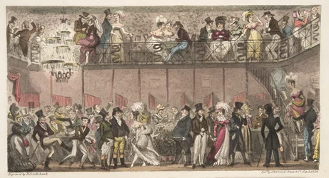 The Royal Saloon, Piccadilly, czyli godzina po operze, z książki The English Spy opublikowanej w 1824 r. (ręcznie kolorowane grawerowanie)