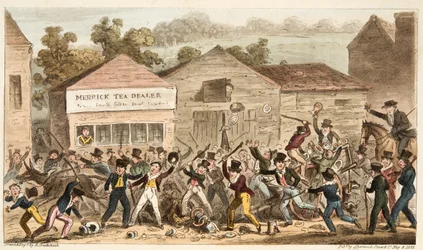 The Tea Pot Row at Harrow lub Battle of Hog Lane, z The English Spy, wyd. 1824 (grawerowanie ręcznie kolorowane)