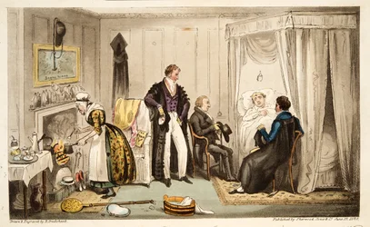 Tom Echo położył się z Headington Fever lub Oksonianem bardzo blisko ściany, z The English Spy, opublikowanego w Londynie, 1824 (ręcznie kolorowane grawerowanie)