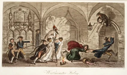 Westminster Frolics, z The English Spy, wyd. 1824 (grawerowanie ręcznie kolorowane)