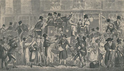 Poza piwnicą pod White Horse, Piccadilly, 1821, 1920. Artyści: Isaac Robert Cruikshank, George Cruikshank.
