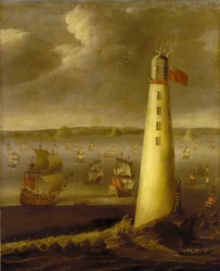 Latarnia morska Eddystone u wybrzeży Devon (Anglia). Olej na płótnie, około 1708 roku, autorstwa Isaaca Sailmakera (1633-1721).