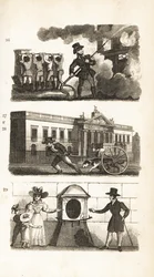 Wóz strażacki, ciągnący towary na ciężarówce, East India House i London Stone