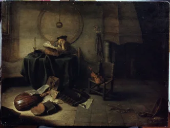 ""Melancholia II"" (Melancholia II (Naukowiec w swojej pracowni)) Człowiek studiujący muzykę, zamyślona ekspresja. Obraz Isaaca de Jouderville (1613-1648) Serpoukhov, Państwowe Muzeum Historii i Sztuki