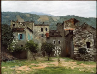 W pobliżu Bordighera, w północnych Włoszech. (W pobliżu Bordighera. W północnych Włoszech). Opis zespołu budynków w Ligurii. Praca Izaaka (Izaaka) Iljicza Lewitana (1860-1900), pastel na papierze