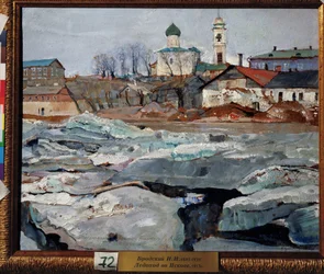 Dryfujący lód w Pskowie (Dyfujący lód w Pskowie). Obraz Isaaka Izrailevicha Brodskiego (Brodskiego) (1884-1939). Olej na tekturze