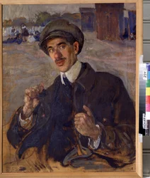 Portret pisarza Korneja Iwanowicza Czukowskiego (1882-1969) (Portret autora Korneya I. Czukowskiego). Obraz Isaaka Izrailevicha Brodskiego (Brodskiego) (1884-1939). Olej na płótnie, 83 x 66 cm