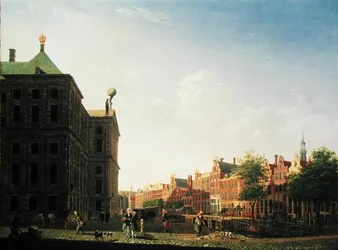 Widok wzdłuż Nieuwezijds Voorburgwal w Amsterdamie z tyłu Pałacu Królewskiego, 1782