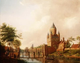 Widok na Kleine Houtpoort (Małą Bramę) w Haarlemie z Grote Houtpoort (Wielką Bramą) w tle