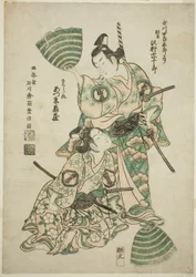 Aktor Sawamura Sojuro II (dawniej Utagawa Shirogoro) jako Matsuomaru i Azumo Tozo I jako Sakuramaru w sztuce „Sugawara Denju Tenarai Kagami” wystawionej w Teatrze Morita, 1750