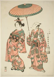 Aktorzy Nakamura Kiyosaburo I jako Matsuyama i Ichimura Kamezo I jako Wanya Kyubei w sztuce „Yoritomo Gunbai Kagami”, wystawionej w Teatrze Ichimura w jedenastym miesiącu 1749