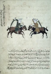 CBL Ar 5655.161 Dwóch szermierzy, ilustracja z kopii Nihayat al-Sul wa al-Umniya fi Taallum Amal al-Furusiyya, czyli Kompendium sztuk wojskowych, z Egiptu, 1366