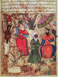 Fol.100 Sułtan okazujący sprawiedliwość, z "Księgi Kalili i Dimny" (tusz i nieprzezroczysta akwarela na papierze)