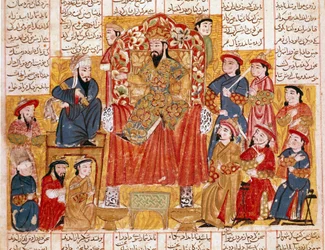 Sztuka islamu: „” Sułtan i jego dwór”” Perska miniatura z rękopisu epickiego poematu „” Shahnameh”” (Shah Nama, Shahnama) (Księga Królów) Ferdowsiego (Firdawsi lub Ferdawsi lub Firdousi, ca. 940-około 1020) Około 1330 Muzeum Topkapi, Stambuł