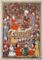 Sztuka islamu: „” Roustam prosi Kei Khosraou o łaskę Gourguin”” Perska miniatura z rękopisu epickiego wiersza „” Shahnameh”” (Shah Nama, Shahnama) (Księga Królów) autorstwa Ferdowsiego (Firdawsi lub Ferdawsi, lub Firdousi, ok. 940-około 1020) (ms. 607)