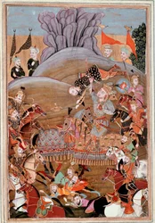 Sztuka islamu: „”Pierwsza walka Rustama z Afrasiabem””Perska miniatura z rękopisu poematu „Sahnameh”””(Shah Nama, Shahnama) (Księga Królów) autorstwa Ferdowsi (Firdawsi lub Ferdawsi lub Firdousi, ca 940-około 1020) (ms. 607) Chantilly, Mu