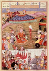 Sztuka islamu: „” Sohrab (Saharab) ponownie spogląda na namiot Roustama””” Perska miniatura z rękopisu epickiego poematu „” Shahnameh”” (Shah Nama, Shahnama) (Księga Królów) autorstwa Ferdowsiego (Firdawsi, lub Ferdawsi lub Firdousi, ok. 940-około 1020) (m