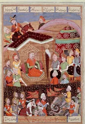 Sztuka islamska: „Sohrab (Saharab) spogląda na czarny namiot dowódców armii perskiej”. Miniatura perska z rękopisu poematu epickiego „Szahname” (Shah Nama, Shahnama) (Księga Królewska) autorstwa Ferdousiego (Firdawsi lub Ferdawsi, lub Firdousi, ok. 6