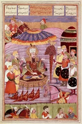 Sztuka islamu: „” Sohrab (Saharab) patrzy na namiot Rostame””” Perska miniatura z rękopisu epickiego poematu „” Shahnameh”” (Shah Nama, Shahnama) (Księga Królów) autorstwa Ferdowsiego (Firdawsi lub Ferdawsi , lub Firdousi, ok. 940-około 1020) (ms. 607) Cha