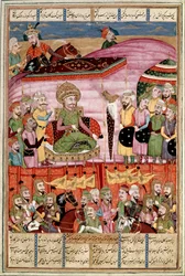 Sztuka islamu: „” Sohrab (Saharab) stoi w namiocie Roustama””” Perska miniatura z rękopisu epickiego wiersza „” Shahnameh”” (Shah Nama, Shahnama) (Księga Królów) autorstwa Ferdowsiego (Firdawsi lub Ferdawsi , lub Firdousi, ok. 940-około 1020) (ms. 607) Lly