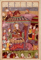 Sztuka islamu: „” Sohrab patrzy na czerwony namiot Rostame, swojego ojca”” Perska miniatura z rękopisu epickiego poematu „Sahnameh” (Shah Nama, Shahnama) (Księga Królów) autorstwa Ferdowsiego (Firdawsi lub Ferdawsi , lub Firdousi, ok. 940-około 1020) (ms. 