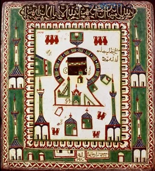 Sztuka islamska: ceramiczna plakieta przedstawiająca grobowiec Mahometa w Medynie, we współczesnej Arabii Saudyjskiej. Ceramika z XVI-XVII wieku. Kair, Muzeum Sztuki Islamskiej.