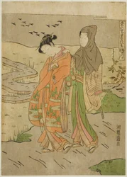 Gęsi schodzące na rzece Sumida (Sumidagawa no rakugan), z serii „Osiem widoków dobrobytu we wschodniej wiosce (Azuma no sato eiga hakkei)”
