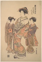 Kurtyzana Hitomachi z domu publicznego Tsutaya, z serii „Wzornik pierwszych projektów roku, świeżych jak wiosenne zioła“ („Hinagata wakana no hatsu moyō“)