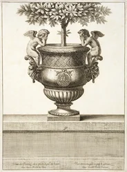 Urny z brązu używane do drzewek cytrusowych, ilustracja z „Widoków i planów wersalskich”, Paryż, ok. 1664-89 (rycina)