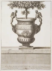 Urny z brązu używane do drzewek cytrusowych, ilustracja z „Widoków i planów wersalskich”, Paryż, ok. 1664-89 (rycina)