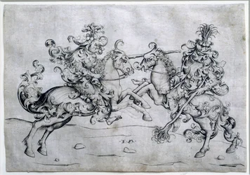 Dwóch jeźdźców grających. Gra dwóch mężczyzn na koniu. Rysunek Israela Van Meckenema (ok. 1440-1503). Muzeum w Luwrze