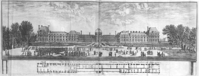 Widok na Palais des Tuileries z ogrodów (rycina) (zdjęcie bw)