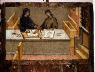 Szambelan i poborca podatkowy w urzędzie, Biccherna (okładka rejestru rachunkowego miasta Siena) z 1394 roku. Archiwum Narodowe - Museo delle Tavolette di Biccherna, Siena