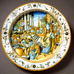 Congiarium w starożytnym Rzymie (bezpłatne rozdawanie ludowi wina i oliwy). Ceramiczny talerz wykonany około 1550 roku w Urbino, w pracowni Fontana we Włoszech. Florencja, Narodowe Muzeum Bargello