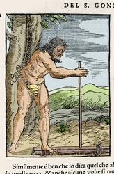 Rodowity mężczyzna rozpalający ogień przez pocieranie dwóch kawałków drewna. Rycina z „”Nawigacjii i Viaggi”” Giovanniego Battisty Ramusio (1485-1557), tom. III, Wenecja 1565.