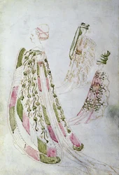 Kobieta i dwóch mężczyzn w długich płaszczach, ok. 1450 (atrament i akwarela na papierze)