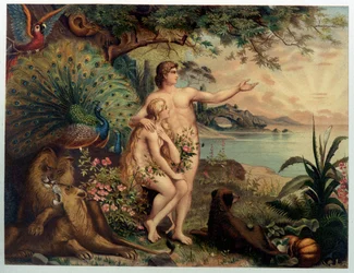 Adam i Ewa au Raj ziemski (Eden) - w „”Złotej klasycznej Biblii: historia objawienia Bożego w starożytnym i nowym dążeniu”” ”przez Giovanniego Ladislao Sykorę (t. 1), przekład Don Clemente Benetti. (Biblia włoska)