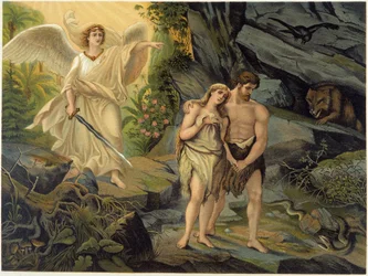 Adam i Ewa wypędzeni z ziemskiego raju (Edenu) przez Archanioła - w „Aurea Bibbia classica: storia della rivelazione divina nell