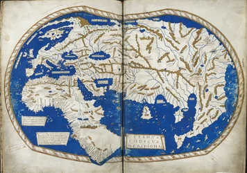 Dodaj 15760 f.68v-69 Mapa świata, z „Insularium Illustratum”, autorstwa Enrico Martello, przedstawiająca wyspy, głównie Morza Śródziemnego, z kolorowymi planami, włoska, ok.1470 (welum)