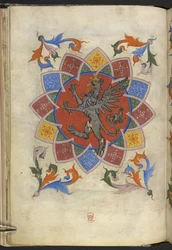 Dodać. 21965, f.5v Figura heraldyczna: Gryf, Statut Cechu Krawców, z „Matricula artificum Artis Sartorum civitatis Perusii” (tusz i kolor na welinie)