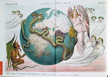Alegoria Imperium Brytyjskiego duszącego świat, satyryczna karykatura z Le Perroquet (Il Papagallo), 1878