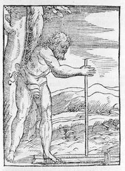 Indiański Taino rozpala ogień, pocierając dwa kawałki drewna. Rycina z „”Nawigacjii i Viaggi”” Giovanniego Battisty Ramusio (1485-1557), tom. III, Wenecja 1565.