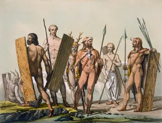 Starożytni celtyccy wojownicy ubrani do bitwy, z szamanem, ok. 1800-18