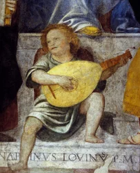 Anioł muzyk grający na lutni. Fragment fresku z XVII wieku z kościoła w Mediolanie.