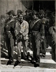 Aresztowanie Giovanniego Passannante (1849-1910), który dokonał ataku na włoskiego króla Umberta I (Humberta I) w Neapolu w 1878 roku. Wydarzenie to zainspirowało poetę Giovanniego Pascoliego (1855-1912) w ode. Rycina XIX wieku
